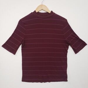 A New Day Mock Neck Top Womens XL Maroon Pink Striped Ribbed Short Sleeve Shirt